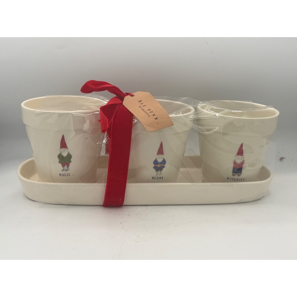 Rae Dunn Christmas Gnome Ceramic 3 Pot Planter Set Tray Magic Merry Mischief
